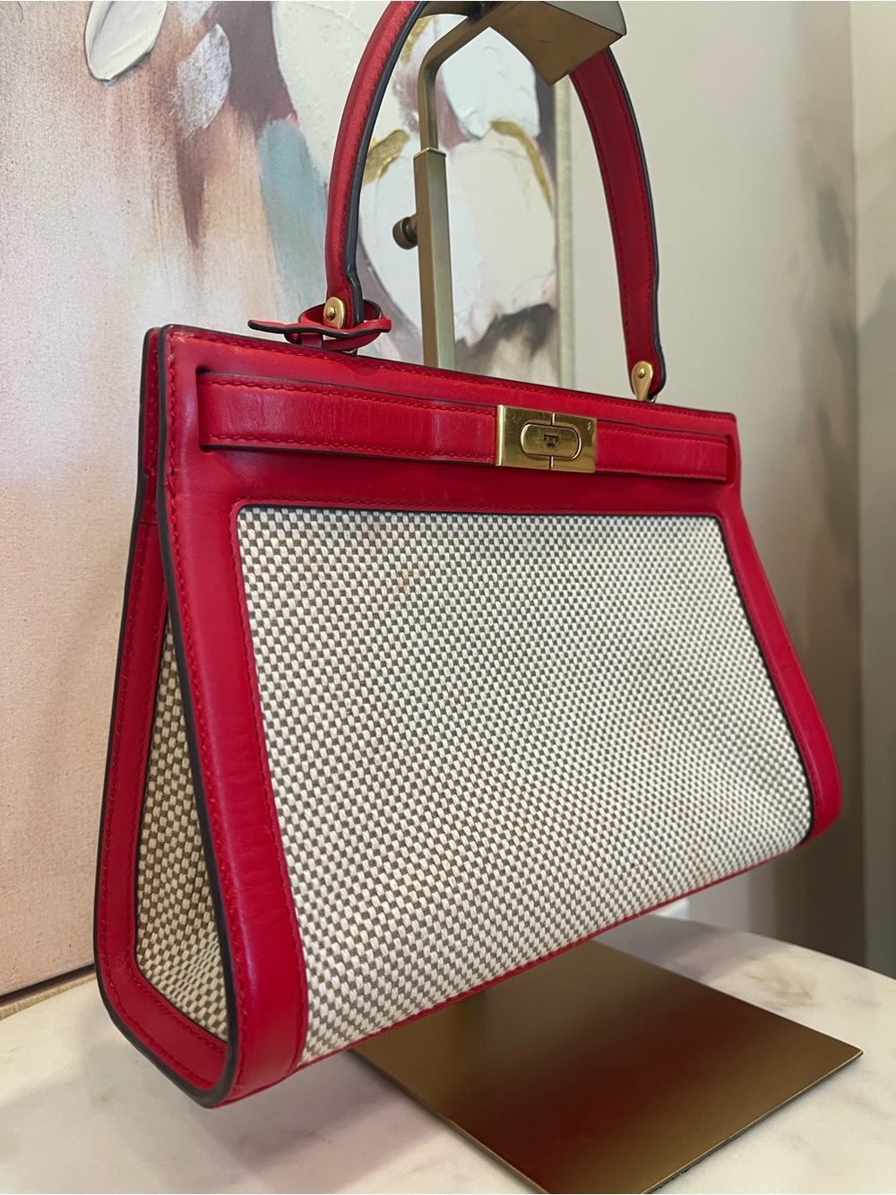 Tory Burch Radziwill Red Leather-Trim Woven Satchel - Picture 3 of 8
